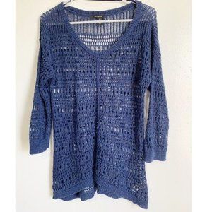 DKNY Jeans Tunic Sweater Medium Blue Silver Metallic Open Knit Long Sleeves